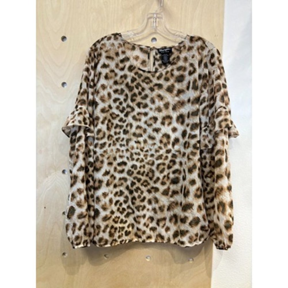 Wrangler Retro Brown Black Balloon Sleeve Round Neck Leopard Blouse Top Size XL